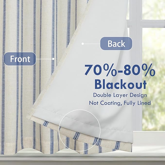 DriftAway Farmhouse Double Layer Linen Blackout Tie Up Curtains Thermal Insulated Vertical Striped Fully Lined Balloon Roman Shade Bathroom Window Adjustable Rod Pocket 45 Inch by 63 Inch Navy