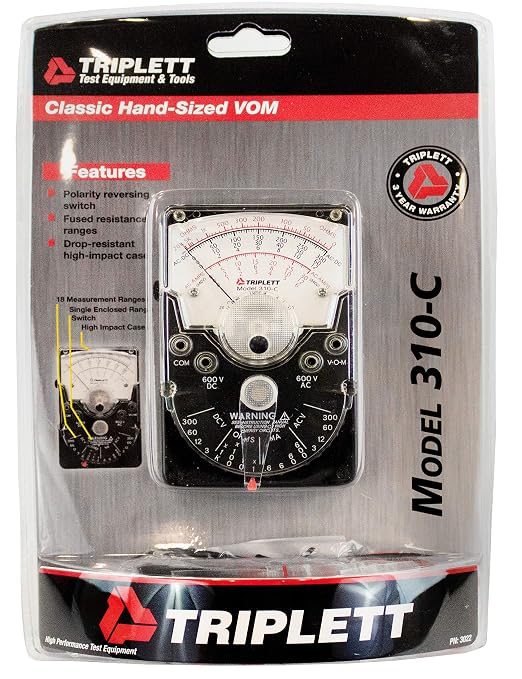 Triplett 3022 Model 310-C Hand-Sized Analog Multimeter with Polarity Reversing Switch - AC/DC Voltage, DC Current, Resistance
