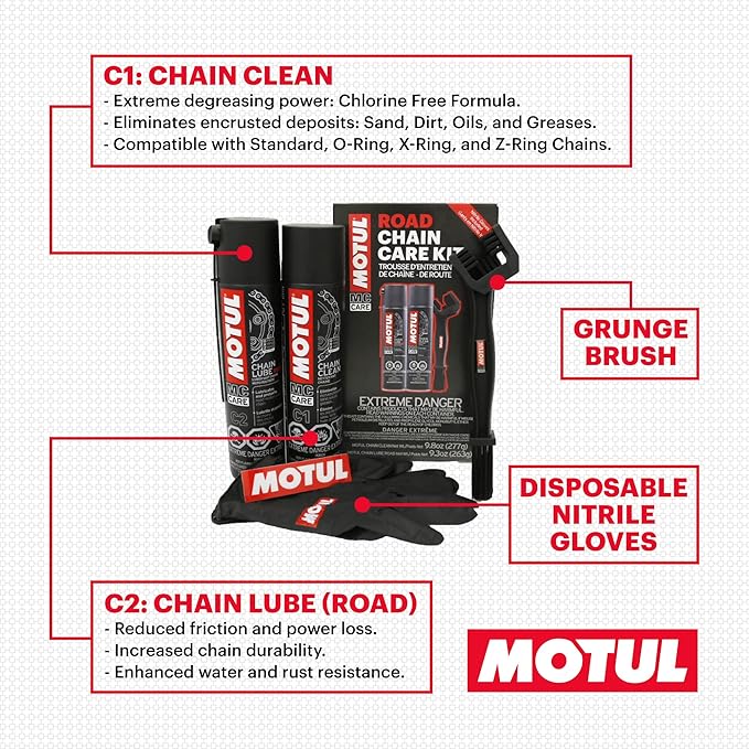 Motul C1 Chain Cleaner and C2 Motorcycle Chain Lube Kit with Brush, Gloves, and Sticker, Complete Road Motorcycle Maintenance Kit for Street Bikes and Karts