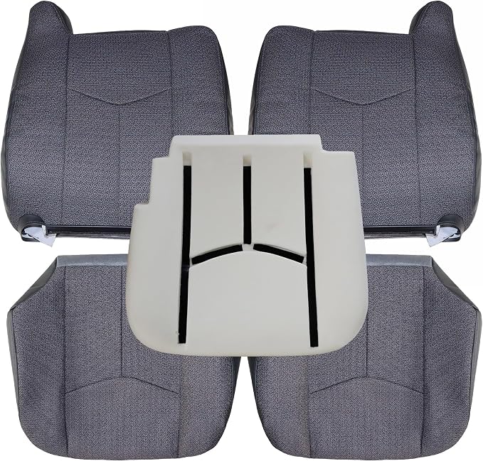 GXARTS 5-Piece Front Seat Cover Set & Driver Foam Cushion Fit for Chevy Silverado GMC Sierra 1500 2500HD 3500HD 2003-2007 - Dark Gray #69C Cloth Replacement Cover Driver & Passenger Bottom + Lean Back