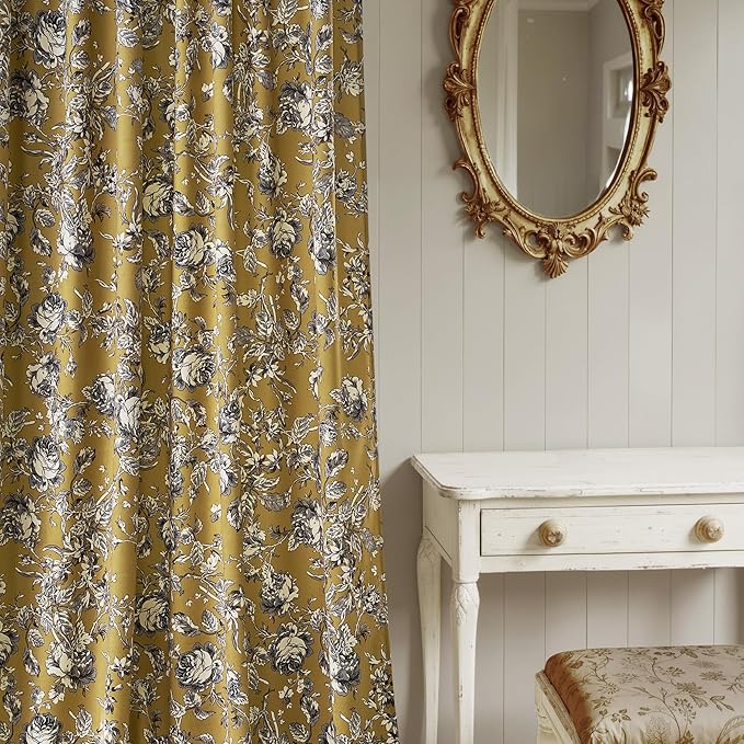 StangH Mustard Yellow Velvet Curtains 84 inches Long, Vintage Patterned Drapes with Floral Design Victorian Thermal Insulated Panels for Sliding Door Living Room, W52 x L84, 2 Panels