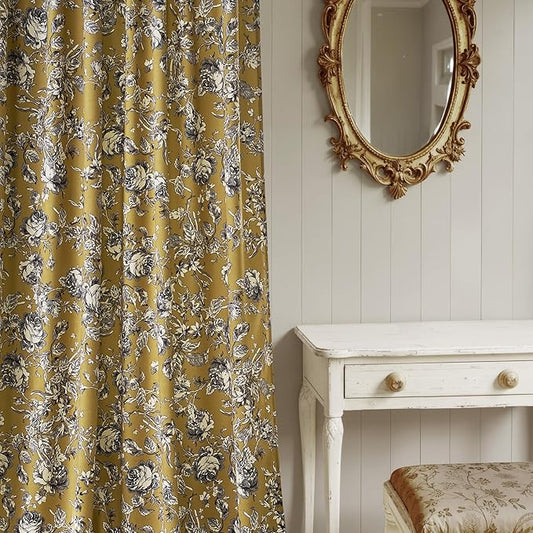 StangH Mustard Yellow Floral Velvet Curtains, Retro Classic Rose Patterned Drapes with Privacy Thermal Insulated Neoclassical Style Decor for Home Office, W52 x L96, 2 Panels