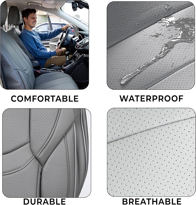 ZONETECH Full Set of 5 Seat Covers for Cars, Waterproof Nappa Leather,Universal Auto Interior Fit for Most Sedans SUV Pick-up Truck (Gray)