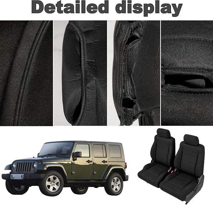 Custom Seat Covers for Jeep Wrangler Unlimited 4-Door 2008 2009 2010 Heavy Duty Cloth Protector Interior Accessories，Waterproof & Machine Washable, Foam Padded - Black（Front）