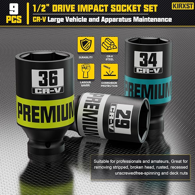 9 Piece 1/2" Drive Impact Socket Set, Metric Axle Nut Sockets, 29-38mm Thicker Jumbo Sockets, Socket Set, 6 Point, Cr-V Steel for Auto Repair