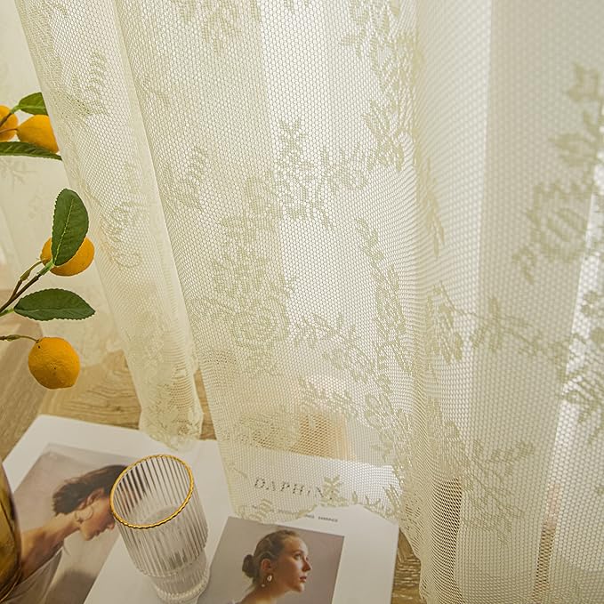 Sutuo Home Lace Curtains 84 Inches Long 2 Panels Set, Cream Yellow Sheer Country Retro Florals Vintage Beige Voile Window Treatment for Bedroom/Living Room Decor Rod Pocket W57 x L84