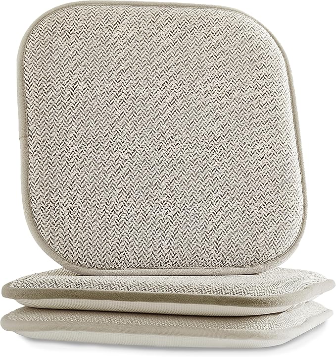 Elegant Comfort Chair Cushion Covers with Ties and Non Skid Rubber Backing-Thick Memory Foam - Soft Cushion Pad- Rounded Square Seat Cover- 16 x 16 Inches - Set of 2 Chevron Textured Pattern, Beige