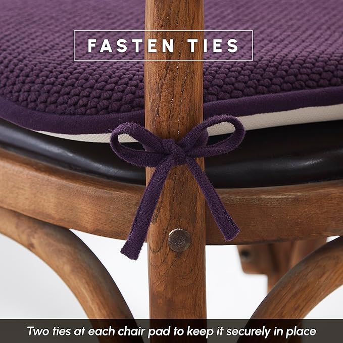 Elegant Comfort Chair Cushion Covers with Ties and Non Skid Rubber Backing-Thick Memory Foam - Soft Cushion Pad- Rounded Square Seat Cover-16 x 16 Inches- Honeycomb Textured Pattern, Set of 6, Purple