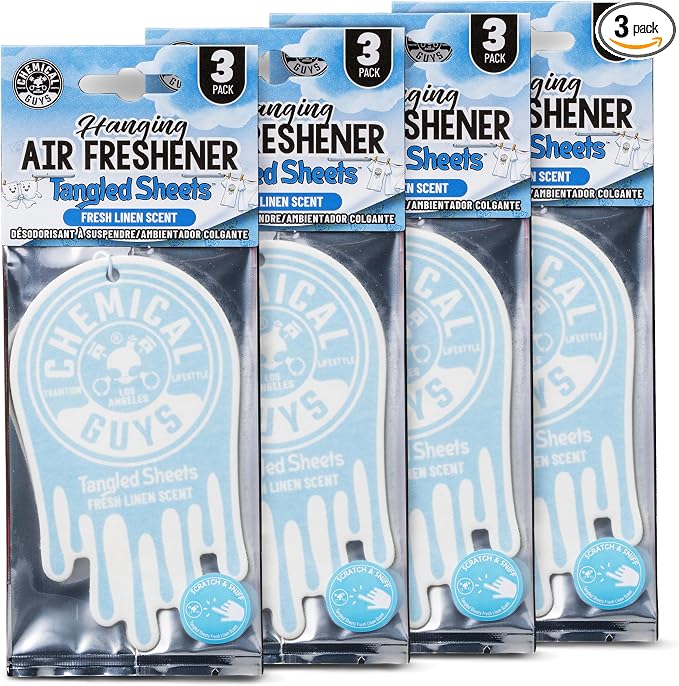 Chemical Guys Hanging Car Air Freshener 12-Pack, Tangled Sheets Premium Clean Linen & Soft Cotton Fragrance, Rearview Mirror Paper Fresheners for Cars, Trucks, SUVs, RVs & Boats