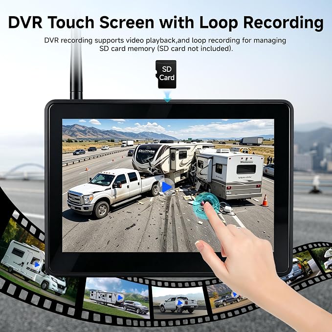 Wireless RV Backup Camera System 1080P HD 7'' Touch Screen Monitor | BSD Blind Spot Alert, 4 CH DVR Recording, IP69K Waterproof, IR Night Vision, Fit for Pre-Wired Furrion RV Trailer 5th Wheel
