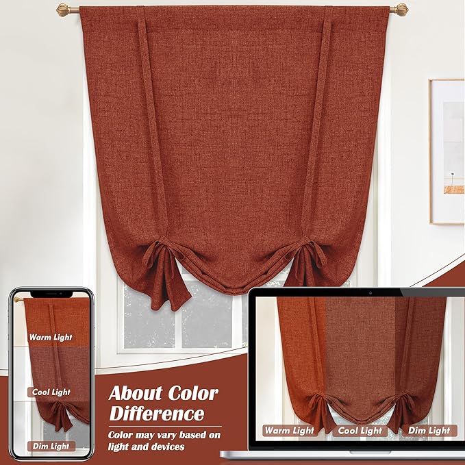 DriftAway Double Layer Linen Blackout Tie Up Curtains Thermal Insulated Fully Lined Balloon Roman Shade Bathroom Window Adjustable Rod Pocket for Small Window 45 Inch by 63 Inch Burnt Orange