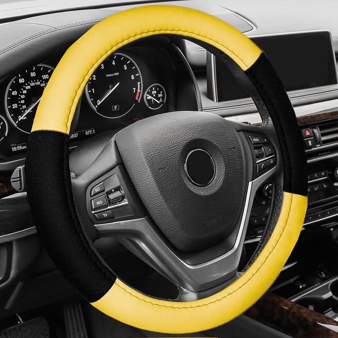 FH Group Automotive Seat Car Covers Unique Flat Cloth Yellow Full Set, Combo Steering Wheel Cover and Seat Belt Pads Rear Solid Bench Universal Fit for Vans Cars Trucks and SUV Interior Accessories