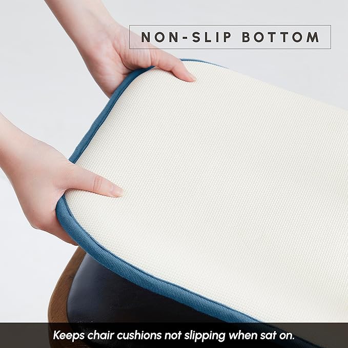 Elegant Comfort Chair Cushion Covers with Ties and Non Skid Rubber Backing-Thick Memory Foam - Soft Cushion Pad- Rounded Square Seat Cover-16 x 16 Inches- Honeycomb Textured Pattern, Set of 6, Blue