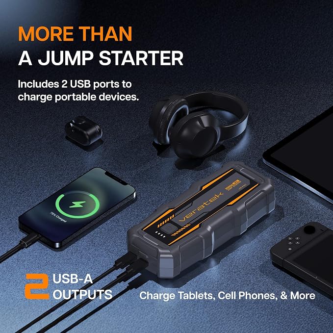 ReelCharge - Veratek V8 Pro 3000A Car Battery Jump Starter Portable (8.0L Gas & 6.0L Diesel) – 12V Lithium Battery Booster Pack with SmartCharge Safety, Jumper Cables, 20000mAh Power Bank, Jump Box.