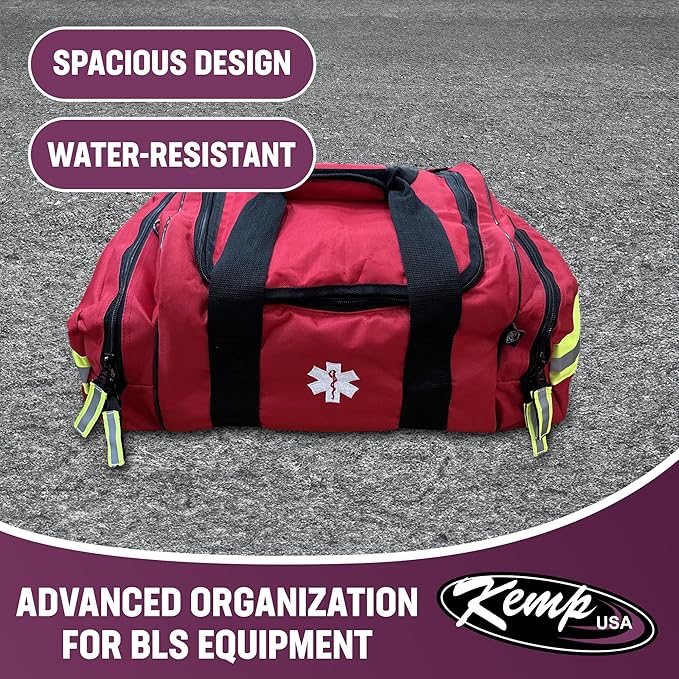 Kemp USA Maxi Trauma EMS Medical Bag Red 600D Nylon Water Resistant First Aid Kit Organizer Large Paramedic Emergency Response Bag with Reflective Trim Adjustable Strap
