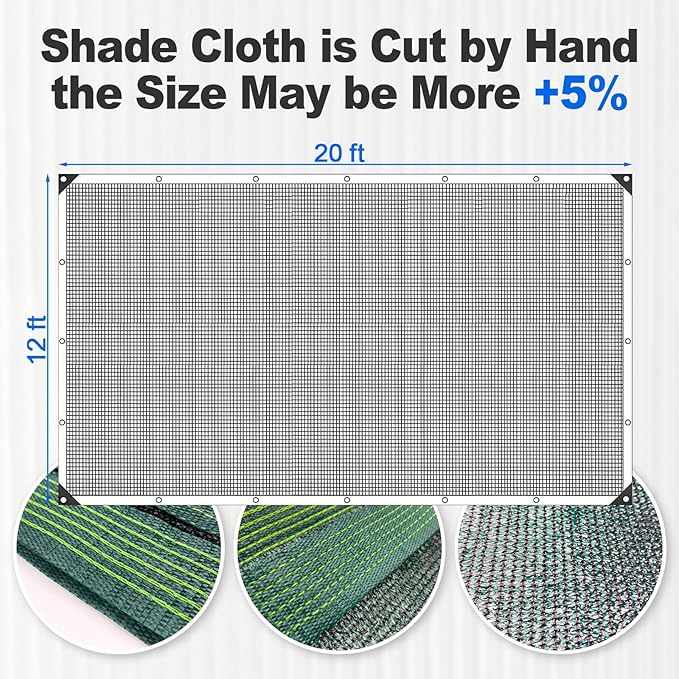 90% Blackish Green Shade Cloth, 12x20FT Resistant Garden Sun Shade Net, Durable Mesh Shade Tarp with Reinforced Grommets for Greenhouse, Plant, Chicken Coop, Pergola, Swimming, Canopy，Patio，Garden
