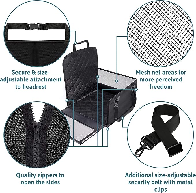 Dog Car Seat for Front Seat – 17.7165" x 17.7165" x 22.8346" and 12.9921" on the Sides – Quilted seat Surface and Anti-Slip Coating + Free: Foldable Bowl