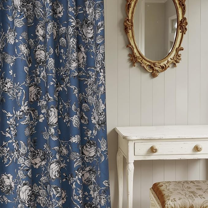 StangH Vintage Floral Velvet Curtains for Living Room, Slate Blue Printed Bedroom Drapes with Rose Pattern Victorian Energy Efficient Privacy Panels for Home Office, W52 x L84, 2 Panels