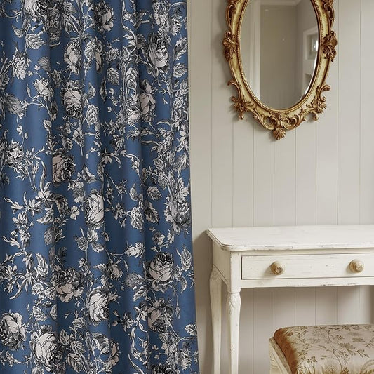 StangH Vintage Floral Velvet Curtains for Living Room, Slate Blue Printed Bedroom Drapes with Rose Pattern Victorian Energy Efficient Privacy Panels for Home Office, W52 x L84, 2 Panels
