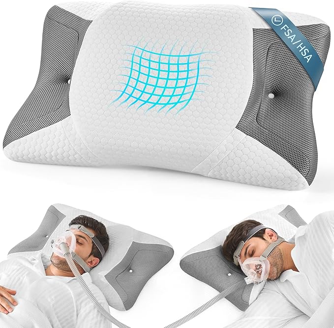 Elviros CPAP Pillow for Side Sleeping, HSA/FSA Sleep Apnea Memory Foam Pillow for All CPAP Masks Users to Reduce Air Leaks & Masks Pressure, Adjustable Height with Cooling Breathable Cover