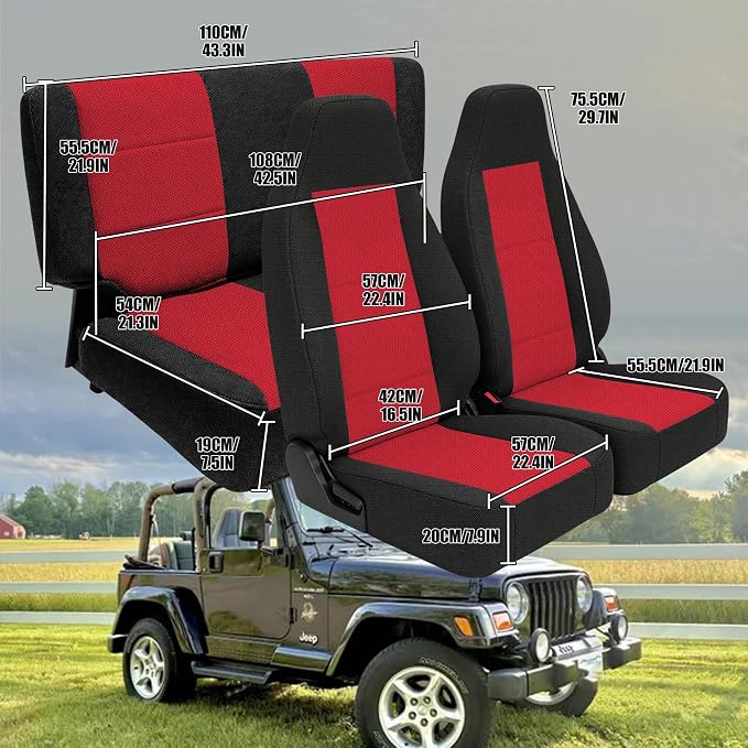 Custom Seat Covers for Jeep Wrangler TJ 1997 1998 1999 2000 2001 2002 Heavy Duty Cloth Protector Interior Accessories，Waterproof & Machine Washable, Foam Padded - Red（Front & Rear）