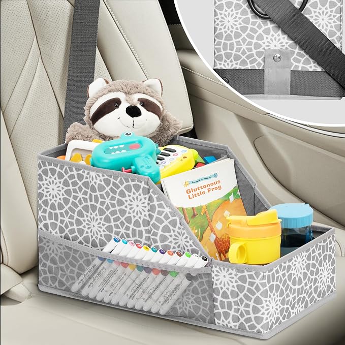 CROS 2 Pack Car Seat Organizer with Metal-Reinforced Cup Holders, 12 Storage Compartments Backseat Car Organizer, Travel Essentials for Kids Toys & Snacks, Non-Slip Seat Storage for SUV, Truck, Print