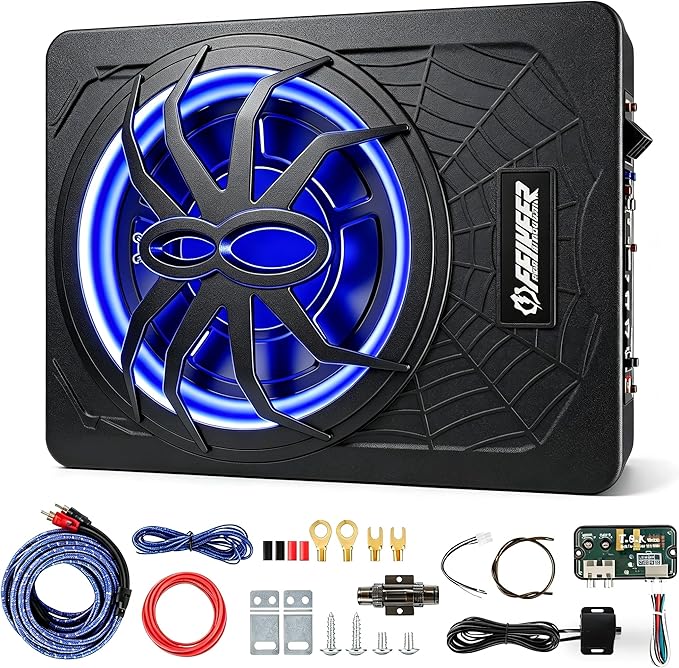 Feikeer 10"1200W UnderSeat Subwoofer, Powered Subwoofer Car Audio with Multicolor LED Lighting, Deep Bass Enhancement.Under Seat Subwoofers with Amp for a Dynamic Driving Experience with Bass Melodies