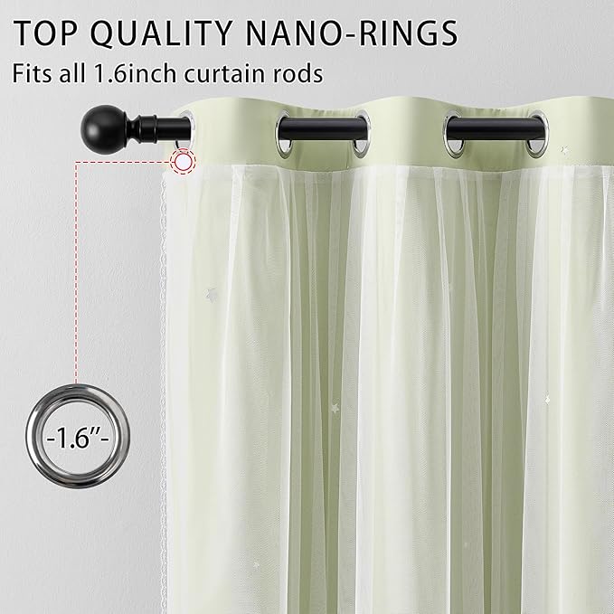 XiDi Sage Green Blackout Curtains for Kids Bedroom 72 Inch Length 2 Panels Double Layer Curtains with Sheer Overlay Privacy Thermal Insulated Grommet Window Star Curtains for Living Room W52 x L72