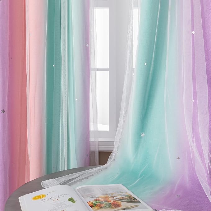 XiDi Blackout Curtains for 84 inches Long, Girls Bedroom Decro, Window Ombre Curtains 2 Panel Sets, Kids Room Unicorn Princess Theme Home Decor Colorful Rainbow Design Pink/Purple/Green