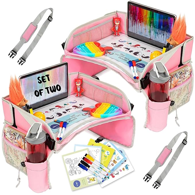 PILLANI Kids Travel Tray for Car Seat - Carseat Tray w/ iPad Holder & Dry Erase Board, Road Trip Activities - Toddler Lap Desk Organizer for Airplane - Roadtrip & Travel Essentials - Pack of 2, Pink