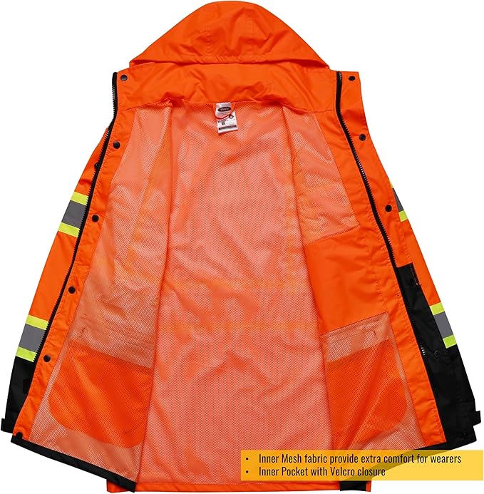 JKSafety Hi-Vis Reflective Safety Rain Jacket and Pants for Men Women Waterproof Rain Gears for Farming Fishing Work HV Rain Suit with Inner Mesh Lining and Pockets (117-Orange M)