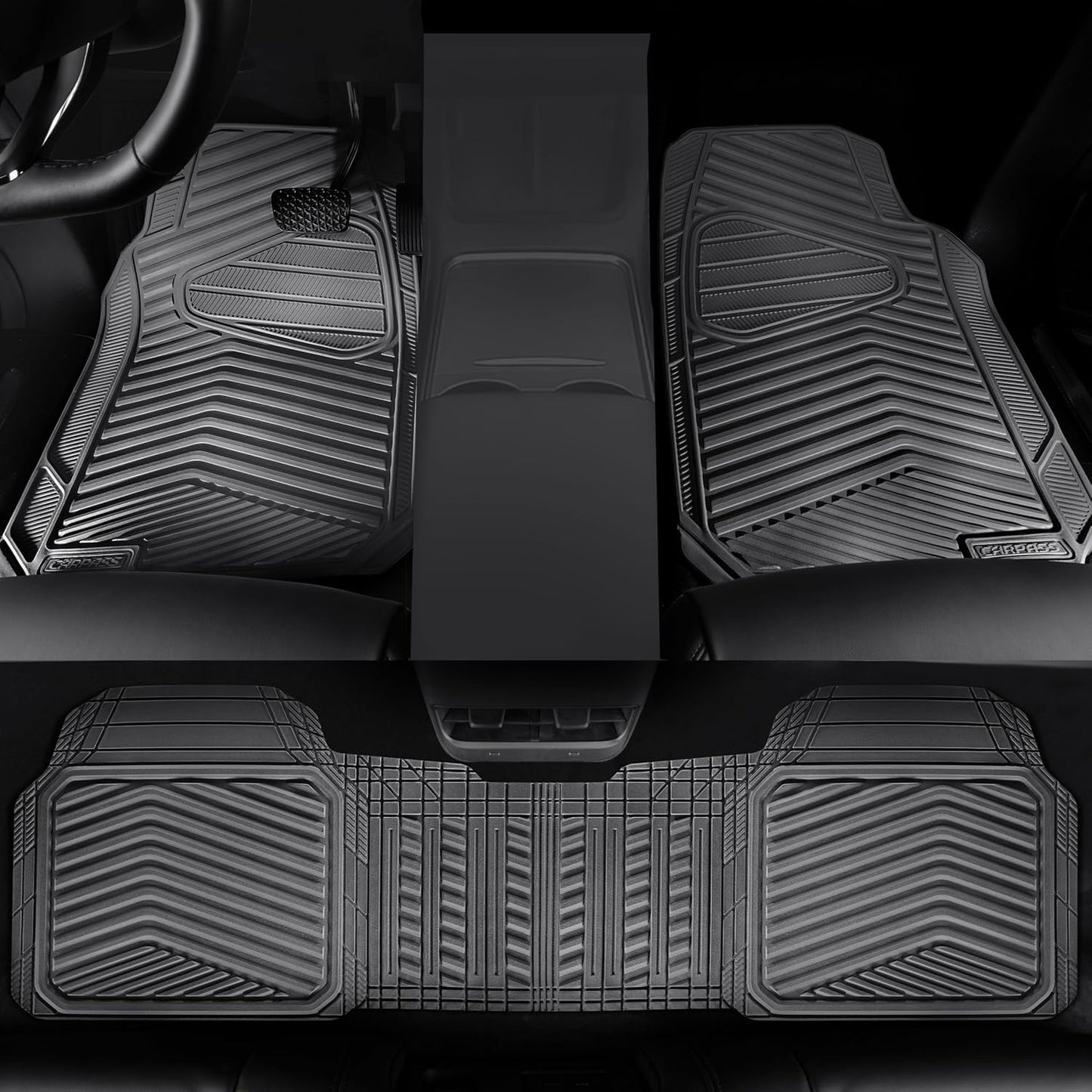 CAR PASS Rubber Car Mats,Car Floor Mats All Weather,Car Mat Full Set 3 Piece,Grey Waterproof Automotive Floor Mat Trim to Fit for Cars Sedan SUVs Small Trucks,Heavy Duty Anti-Slip Easy Clean, All Gray