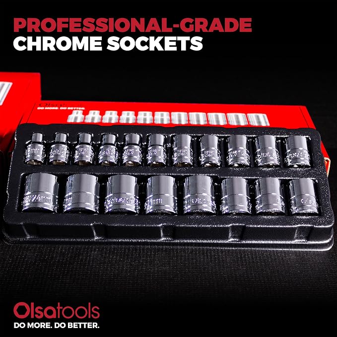 Olsa Tools Metric Shallow Socket Set - 3/8-Inch Drive, 19pc - 6-Point Chrome Sockets from 6mm–24mm and No Skipped Sizes - Mechanic Shallow Metric Socket Set - Professional Grade Sockets - Part: 1328