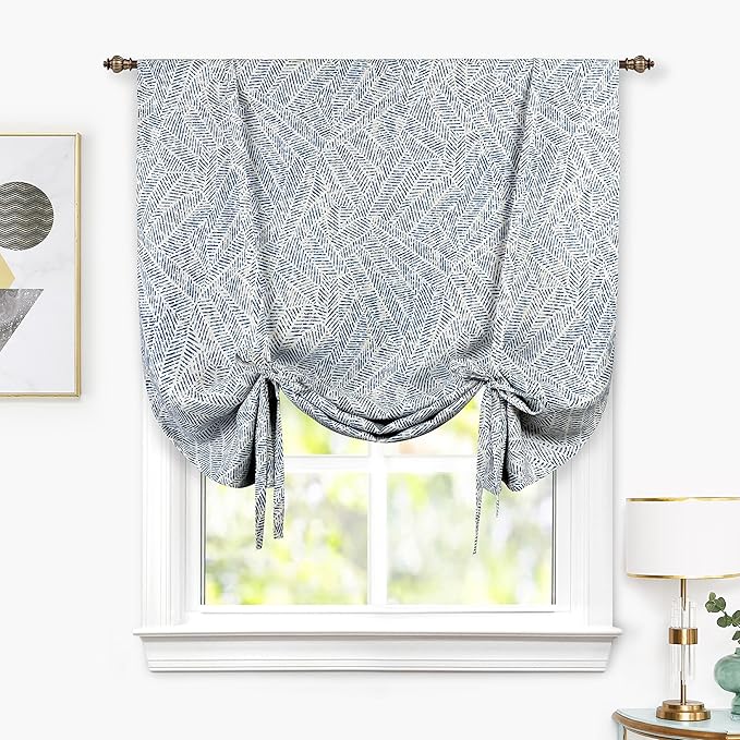 DriftAway Farmhouse Double Layer Linen Blackout Tie Up Curtains Thermal Insulated Striped Fully Lined Balloon Roman Shade Bathroom Window Adjustable Rod Pocket 45 Inch by 63 Inch Roman Navy
