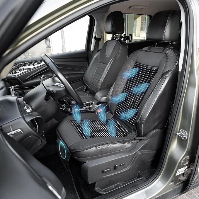 Beaded Cooling Car Seat Cover Massage Cushion, Beaded Seat Cover Black Wooden Beads with 12V Car Seat Cooling Pad Adjustable Temperature, Breathable Sweat Protector Cooling Car Seat Covers for Summer