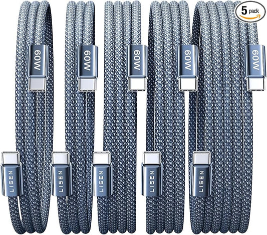 LISEN USB C Cable, 5-Pack [3.3/3.3/6.6/6.6/10FT] USBC to USBC Cable for iPhone 16e 15 Pro Max Charger Cord, 60W C to C Cable Fast Charging for Samsung S25/S24/23, Switch 2, iPad, MacBook, Midnight