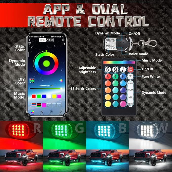 12 Pods RGBW LED Rock Lights for Truck Jeeps Trailer Off Road Van ATV UTV RV, Waterproof Multicolor Neon Underglow Kit with APP/RF Remote Control&Brake Red Function,12V Pure White Underbody Lights