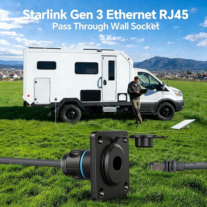 Waterproof Pass Through RJ45 Wall Socket for Starlink Gen 3/Gen 4, Shielded CAT6 Ethernet Female to Female Aluminum Bulkhead Panel Connector for RV Camper Trailer Off-grid Starlink Dish Setup
