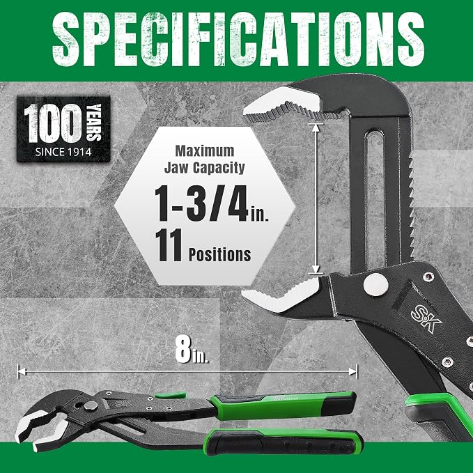 SK 8-Inch Quick Adjust Groove Joint Pliers & 3-Piece Adjustable Wrench Set, 6-Inch, 8-Inch, 10-Inch, Cr-V Steel