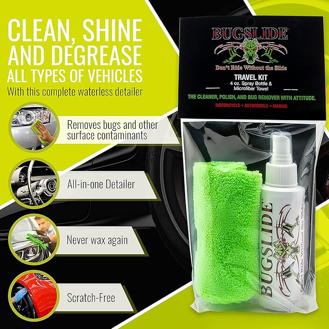 BugSlide 4 Oz Travel Kit with Cleaner with Microfiber Towel - Multisurface Cleaning and Car Detailing Solution That Shines and Degreases Your Car, Convenient Size for Travel