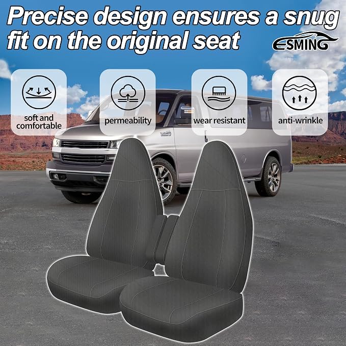 ESMING Front Heavy-Duty Oxford Fabric Seat Covers for Chevy Express 1996-2025 Front Bucket Seats Waterproof and Wear-Resistant, Easy to Install - Gray