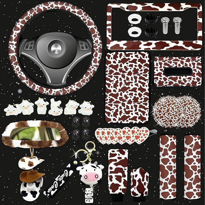 29 PCS Cow Pattern Car Accessories,Including Dashboard Decoration,Rearview Mirror Decoration,Etc,Suitable for Sedans,SUVS and Other Models,Cute Car Interior Sets Suitable for Women (Brown)