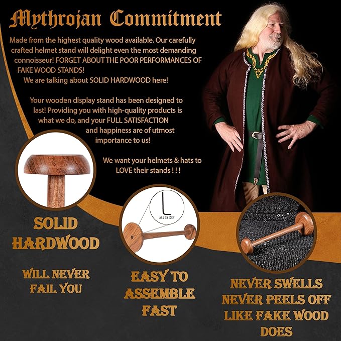 Mythrojan Solid Wood Hat Display Stand 14.5 Inch with Durable Wooden Hat Holder for Medieval Renaissance Cosplay, Halloween & Vintage Hats – Natural Brown
