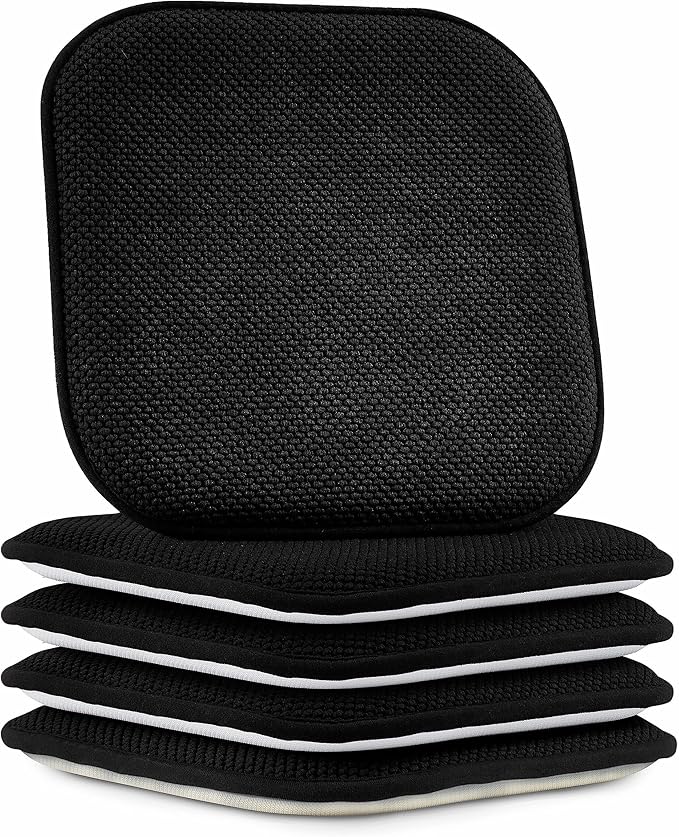 Elegant Comfort Chair Cushion Covers with Ties and Non Skid Rubber Backing-Thick Memory Foam - Soft Cushion Pad- Rounded Square Seat Cover-16 x 16 Inches- Honeycomb Textured Pattern, Set of 4, Black