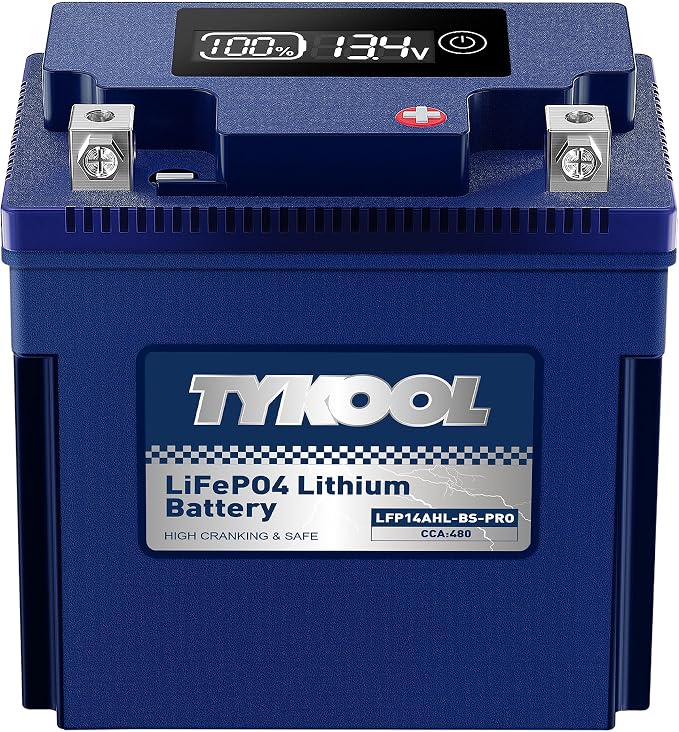 TYKOOL LFP14AHL-BS-PRO Lithium Battery, 480CCA 8Ah, Replaces YTX14AHL-BS, Fits for Motorcycle ATV Snowmobile Scooter, Compatible with Moto Guzzi V7 Royal Enfield Arctic Cat, Digital Readout [- +]