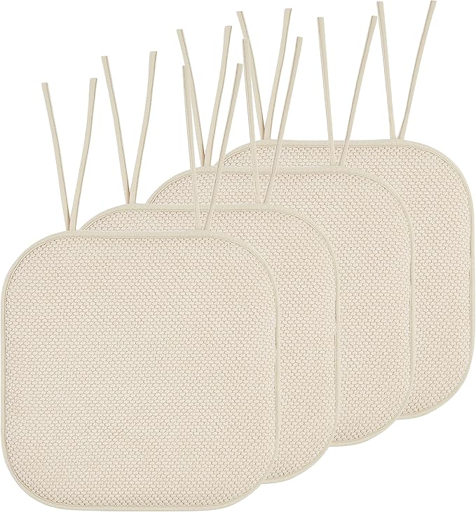Elegant Comfort 4 Pack Chair Cushion Covers - Skid-Proof Rubber Backing - 16 x 16 Inch - Thick Dining Square Shape Seat Covers - Comfortable Textured Chair Pads with Ties - Honeycomb Pattern, Linen