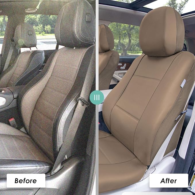 FH Group Car Seat Cover Airbag Compatible Full Set Beige Premium PU Leather - Split Bench Combo Vinyl Floor Mats Seat Covers Interior Accessories Universal Fit for Cars Trucks SUV
