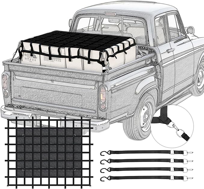6'×4.75'Cargo Net with Mesh,Basic Waterproof,Breathable,UV Protection,4 Adjustable Straps with Carabiners & S-Hooks.Cargo Net for Pickup Truck Bed is Suitable for Trailer,Pickup Truck,Boat,Jeep,SUV