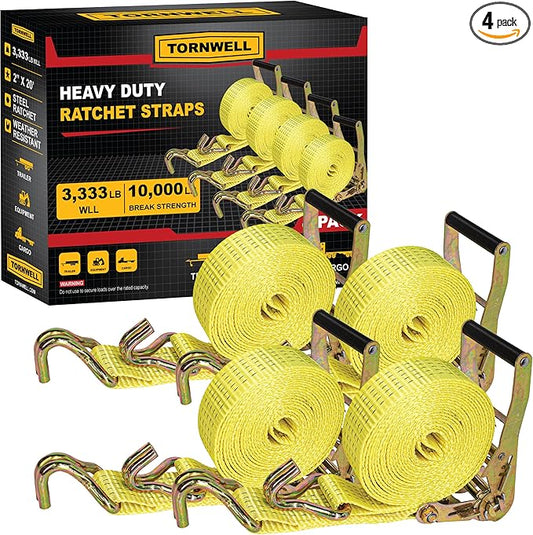 4-Pack 2" x 20' Heavy Duty Ratchet Straps | J Hooks | Comfort Handles | 10,000 lb Break Strength | Ratcheting Tie Down Cargo Straps for Trucks and Trailers