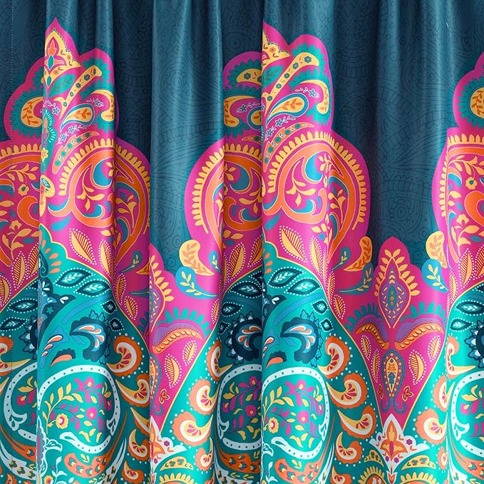 Lush Decor Boho Chic Light Filtering Window Curtain Panel Pair, 84" x 52" + 2" Header, Turquoise and Navy, 84 in x 52 in, Turquoise & Navy